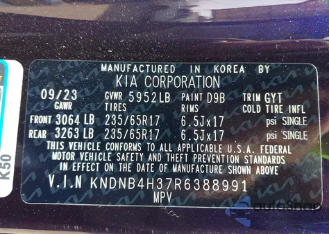 2024 Kia Carnival Mpv Lx Seat Package from USA, damaged, VIN KNDNB4H37R6388991